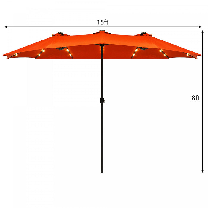 Costway 15Ft Patio Double-Sided LED Market Umbrella Crank Solar Powered Orange
