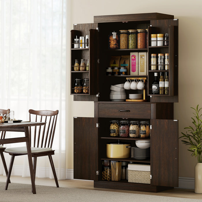 72\" Kitchen Pantry Cabinet, Kitchen Storage Cabinet with Barn Doors, Brown