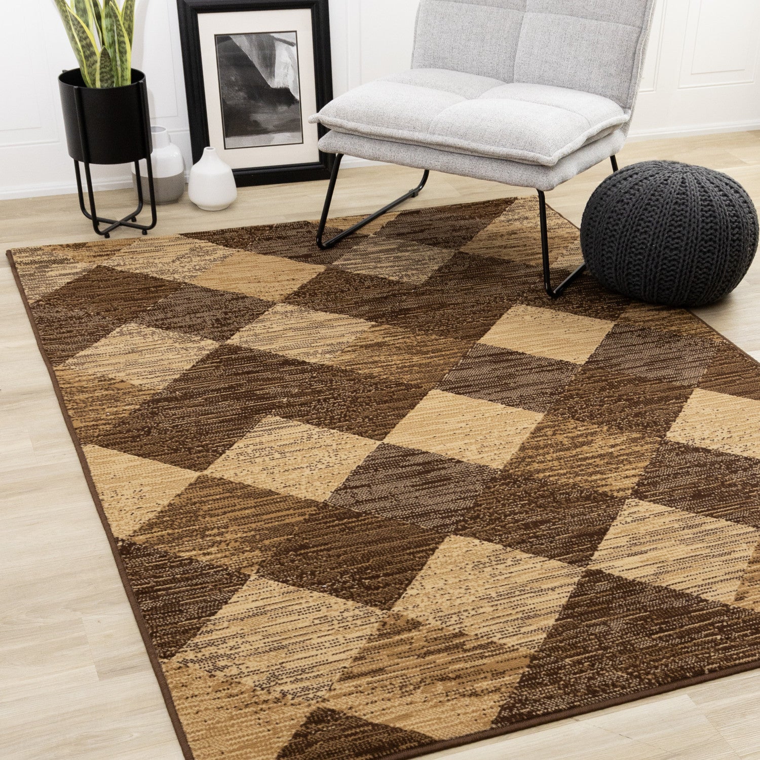 Fiona Design Rug Steel Pattern Florence Brown Beige Distressed Diamond Pattern Rug, 7'9
