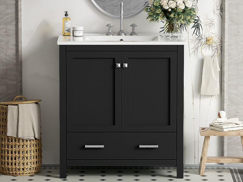Erica 30\" Solid Wood Bathroom Vanity With Single Ceramic Sink, Soft-close Doors, And Multifunctional Storage - Black