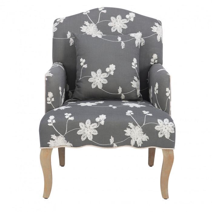 Kenna Embroidered Linen-Look Fabric Floral  Accent Chair - Grey