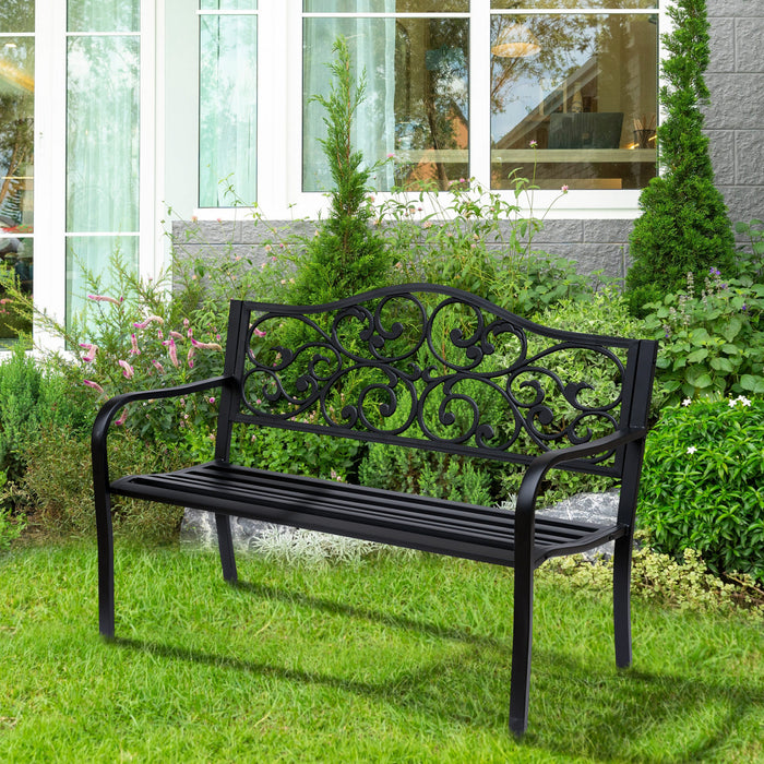 Outsunny 50\" Outdoor Metal Garden Bench With Vintage Floral Pattern, Black