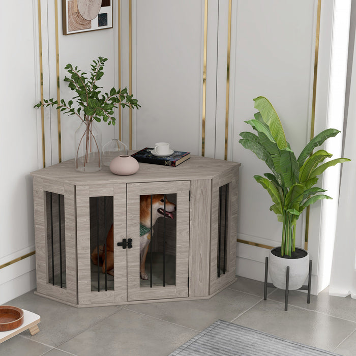 Pawhut 41\" Dog Crate Furniture, Corner Dog Crate End Table For Medium And Small Dogs, Indoor Dog Cage With Cushion, Door, Lock, Walnut Brown