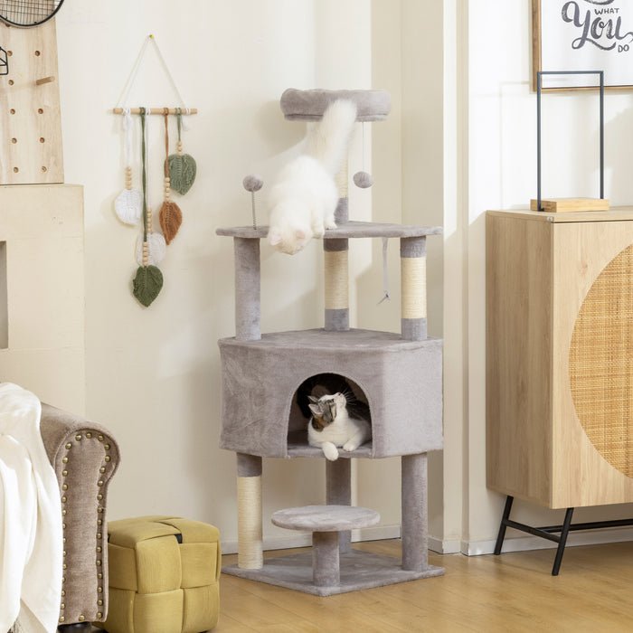 PawHut 54 Inch Cat Tree, Cat Tower for Indoor Kittens with Large Cozy Condo, Plush Top Perch, Sisal Scratching Posts, Dangling Toy Ball, Light Grey