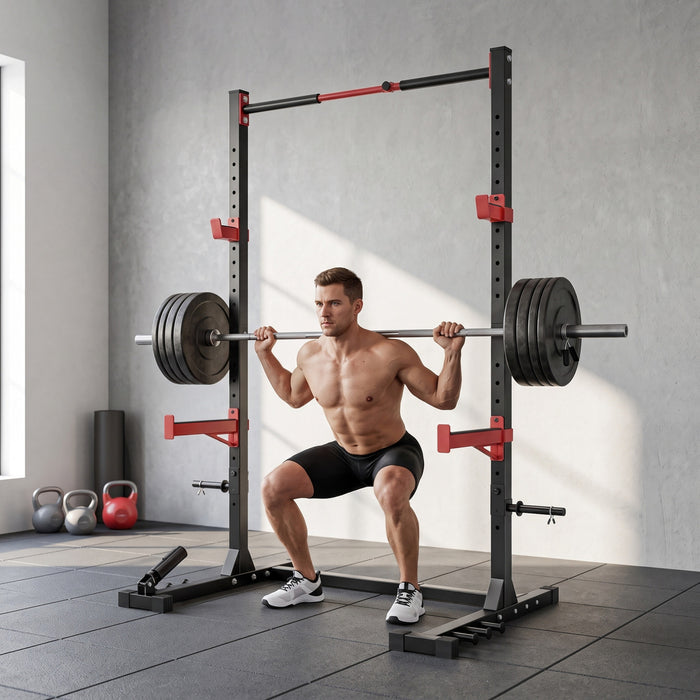 Soozier Power Cage Squat Rack, 1100 lb Capacity Power Rack with Pull-Up Bar, Adjustable Width, Adjustable J-Hooks, Safety Arms, Weight Plate Storage for Home Gym Strength Training