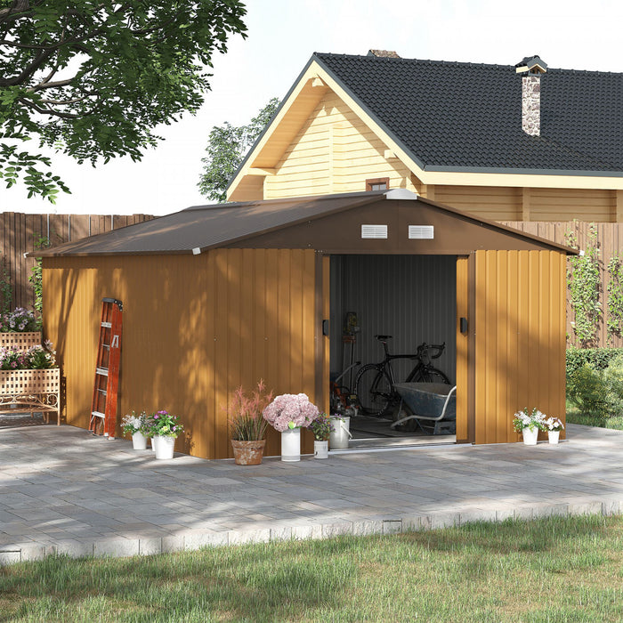 Outsunny 11' X 13' Garden Storage Shed With Double Sliding Door And 4 Ventilation Slots, Garden Tool House For Backyard, Patio, Lawn, Yellow