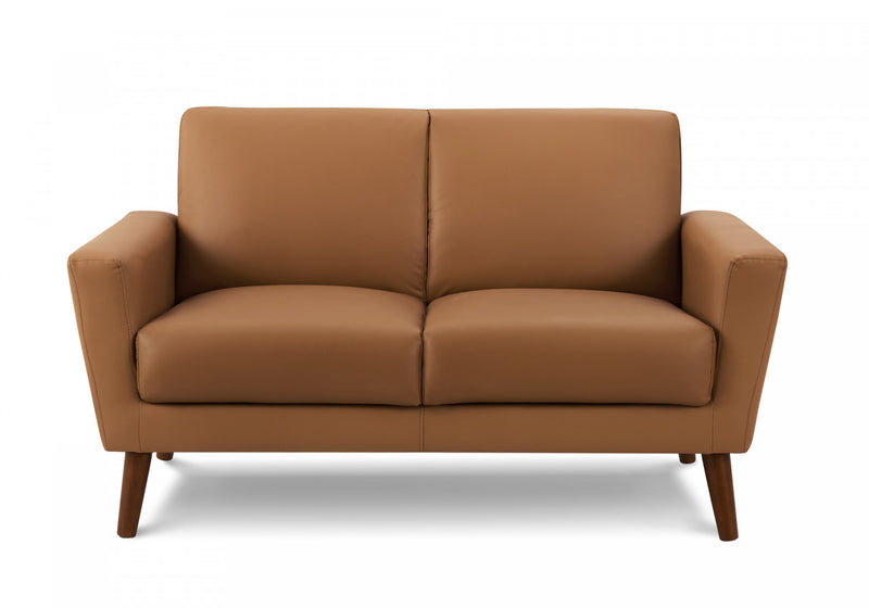 Upholstered Love Seat, 58\" L, Brown Leather-Look, Walnut Wood Legs, Mid-Century Loveseat