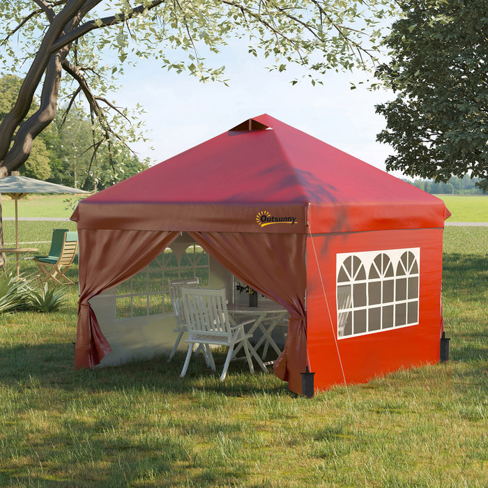 Outsunny 10' X 10' Pop Up Canopy Tent, Instant Sun Shelter, Tents For Parties, With Wheeled Carry Bag, For Outdoor, Garden, Patio, Red