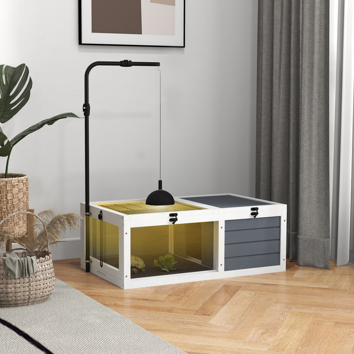 Pawhut Tortoise House Wooden Tortoise Enclosure Indoor Outdoor Turtle Habitat With Adjustable Lamp Holder, Openable Lids, Pull-out Trays, 32\" L X 19\" W X 12\" H, Grey