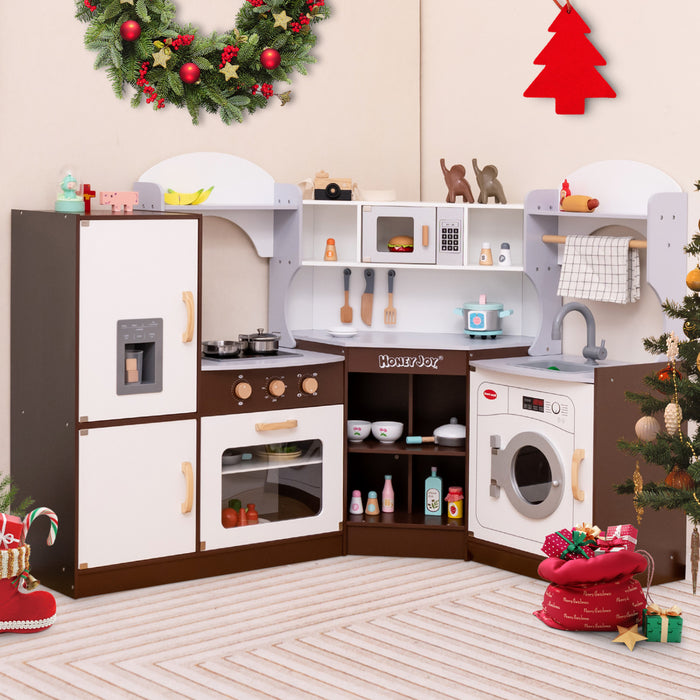 Costway Corner Play Kitchen With Ice Maker Microwave Oven For Kids 3+ Years Old Wooden Toy