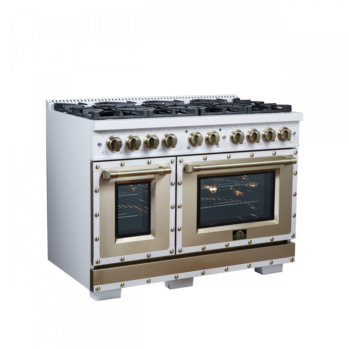 Forno Ambassador 48\" Gas Range in White, 8 Sealed Burners, 6.7 Cu.Ft. Ovens - FFSGS6299-48CPWHT