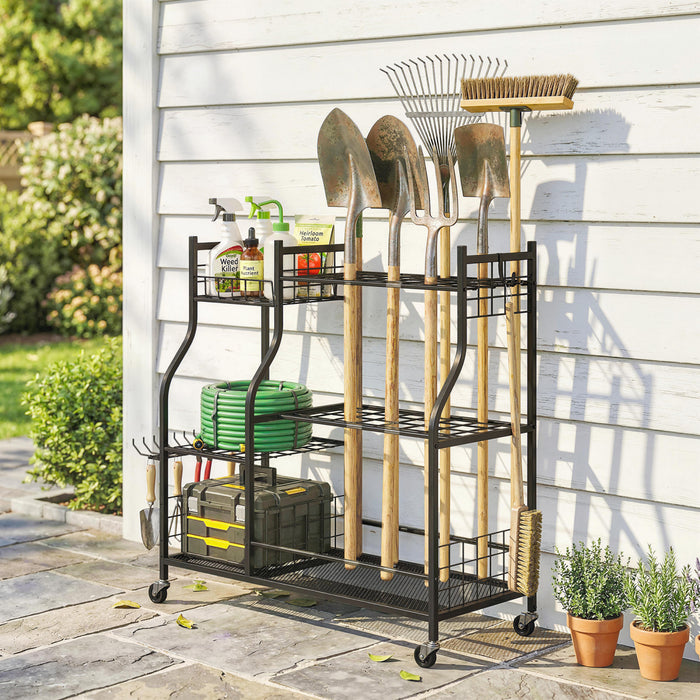 Outsunny Garden Tool Organizer for Garage, 3-Tier Yard Tool Storage Rack with 32 Slots, 4 Wheels, Shelves, 11 Hooks for Long-Handled Shovels and Rakes for Shed, Yard, Patio, Black