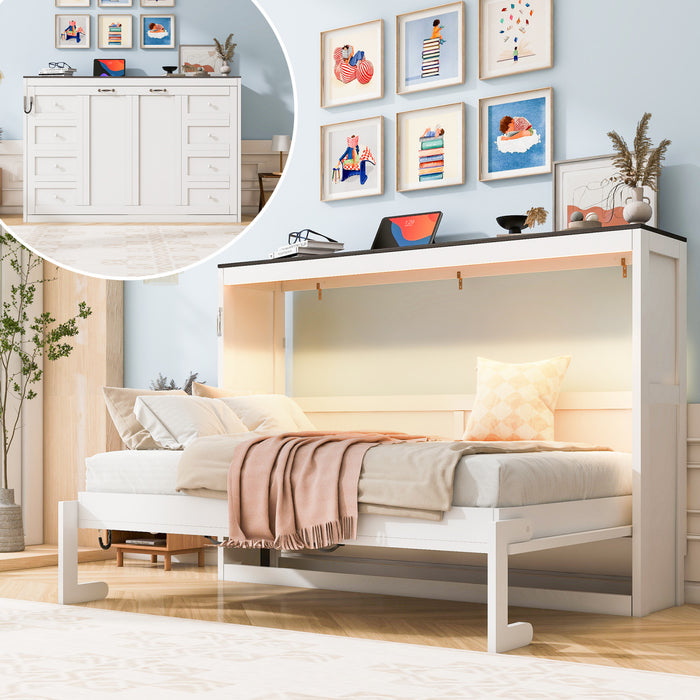 Olivia Solid Wood Murphy Bed with LED Light and Foldable Cabinet,Twin Size,White Twin Bed