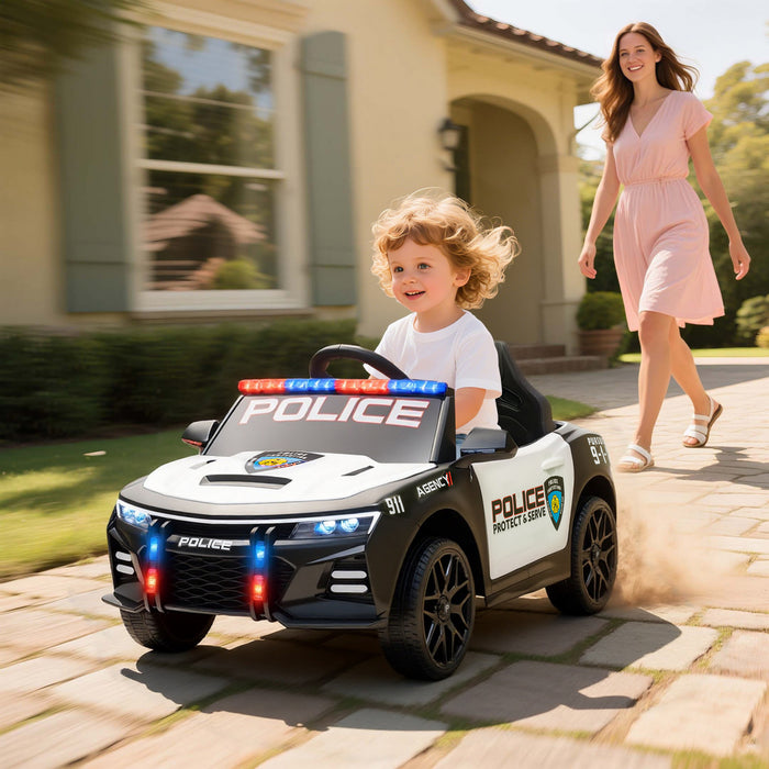 Qaba Kids Electric Ride On Police Car, 12v Battery Powered Car With Remote Control, Sirens, Flashing Lights, Music, Horn, Shock Absorbers, Electric Vehicle For Boys Girls, White