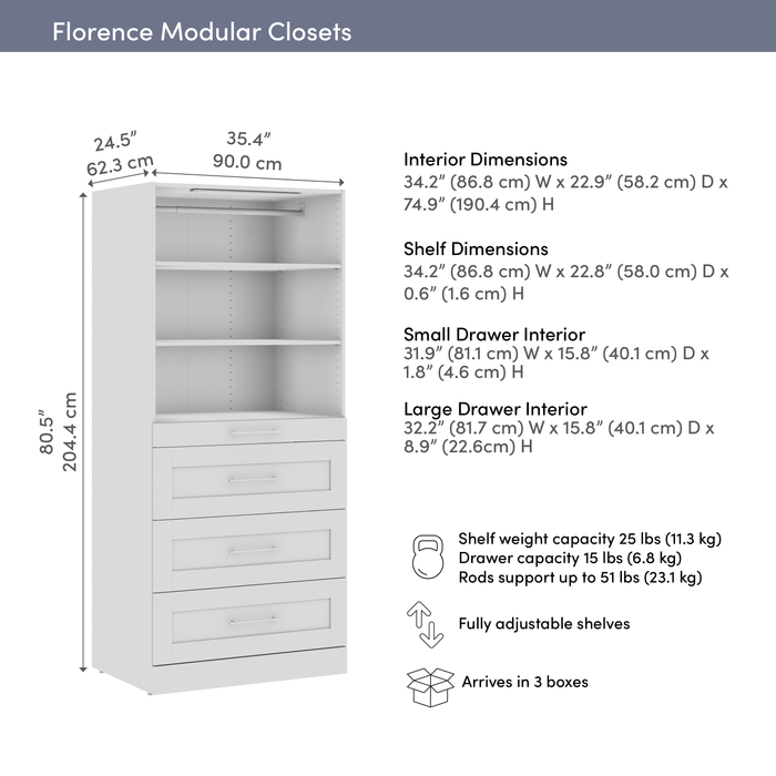 Bestar Florence 35\" Modular Reach-In/Walk-In Closet System with LED Light and Storage - White