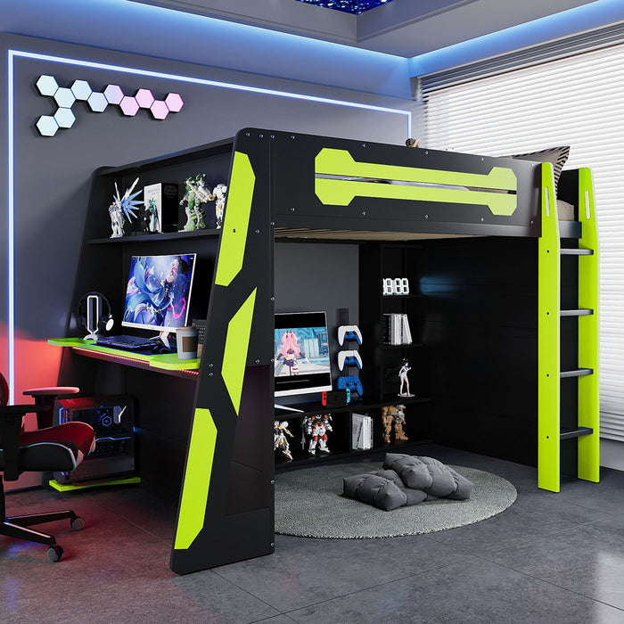 Olivia Wood Loft Bed with Desk and Multi-storage Shelves,RGB Light,Green Full Bed