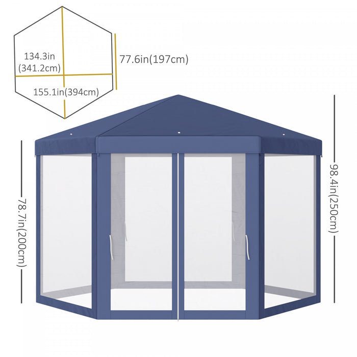 Outsunny Φ13' Hexagon Party Tent Patio Gazebo Outdoor Activity Event Canopy Quick Sun Shelter Pavilion With Netting Mesh Sidewall Blue