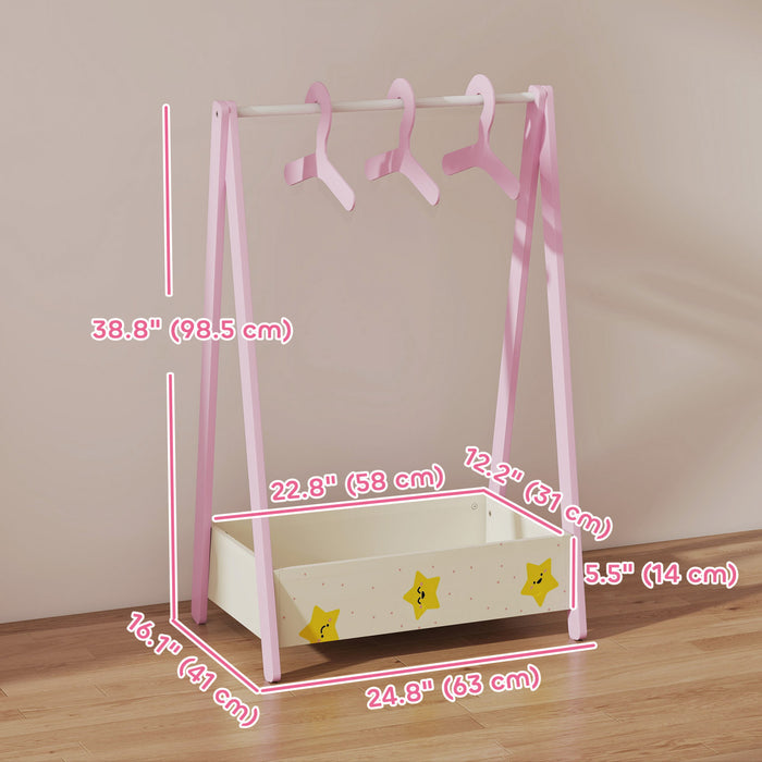 Qaba Kids Clothing Rack with Storage Shelf, Star Theme Kids Dress Up Rack with Hangers, Child Garment Hanger for Nursery Room, Living Room, Playroom, Pink