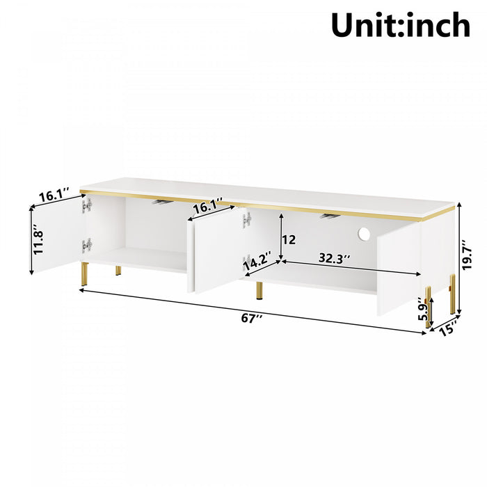 Croma 67 Inch Modern High-Gloss TV Stand with Cable Management and Gold Trim, White
