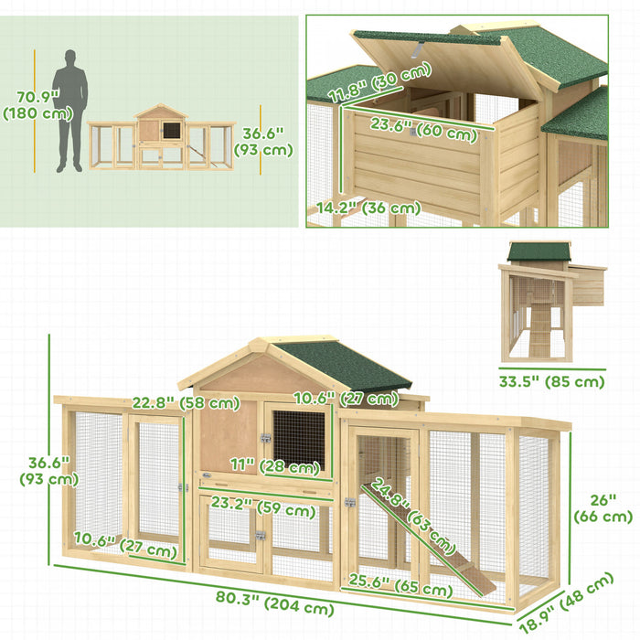 PawHut 80\" Chicken Coop, Wooden Hen House Large Rabbit Hutch Poultry Cage Pen with Nesting Box, Run, Ramp, Drawer, for Outdoor Backyard Garden