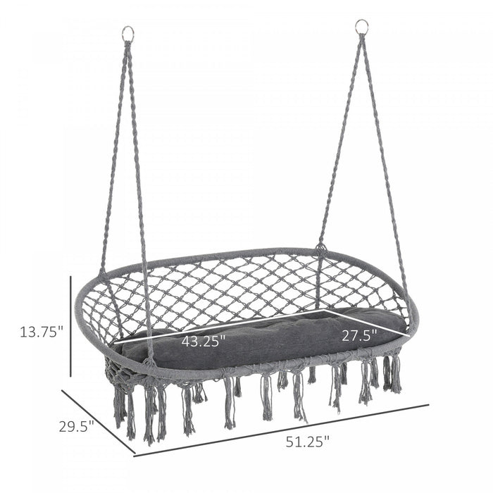 Outsunny Patio Hammock Chair 2 Seat, Hanging Rope Hammock Swing With Metal Frame And Cushion, Large Macrame Seat For Indoor And Outdoor 704 Lbs Capacity, Dark Grey