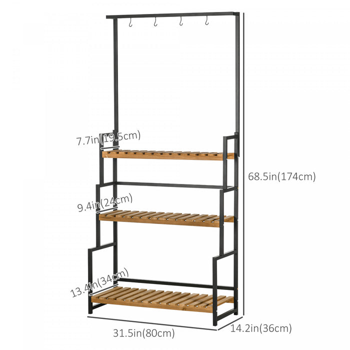 Outsunny 3 Tiered Plant Stand With Hanging Hooks And Metal Frame, Tall Plant Shelf Flower Pot Holder For Indoor Outdoor Porch Balcony Living Room Bedroom