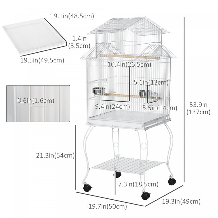Pawhut 53.9'' Large Rolling Steel Bird Cage Bird House With Detachable Rolling Stand, Storage Shelf, Wood Perch, Food Container, White