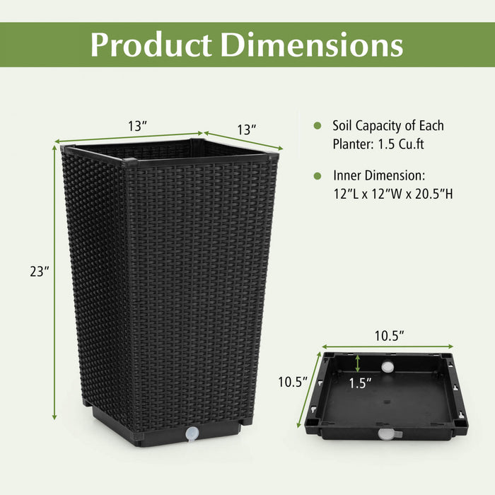 Costway 23\" Tall Planters Set Of 2 Rattan Wicker Plant Pot Self-watering Tree Pot Black
