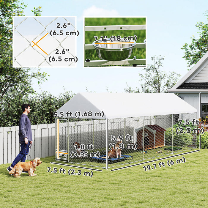 Pawhut Outdoor Dog Kennel With Roof, Heavy Duty Dog Run Outdoor Fence Cage With Adjustable & Rotating Bowls, Waterproof Uv-resistant Cover, Secure Lock, 19.7' X 7.5' X 7.5'