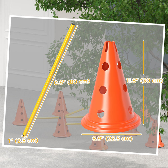 PawHut Dog Agility Hurdle Cone Set, Adjustable Obstacle Course Equipment with 8 Cones & 8 Poles, Portable Canine Agility Training Set with Carry Bag, Orange