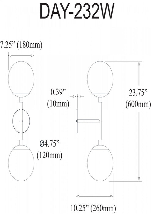 Dainolite Dayana 2 Light Wall Sconce Polished Chrome White Glass Lamp