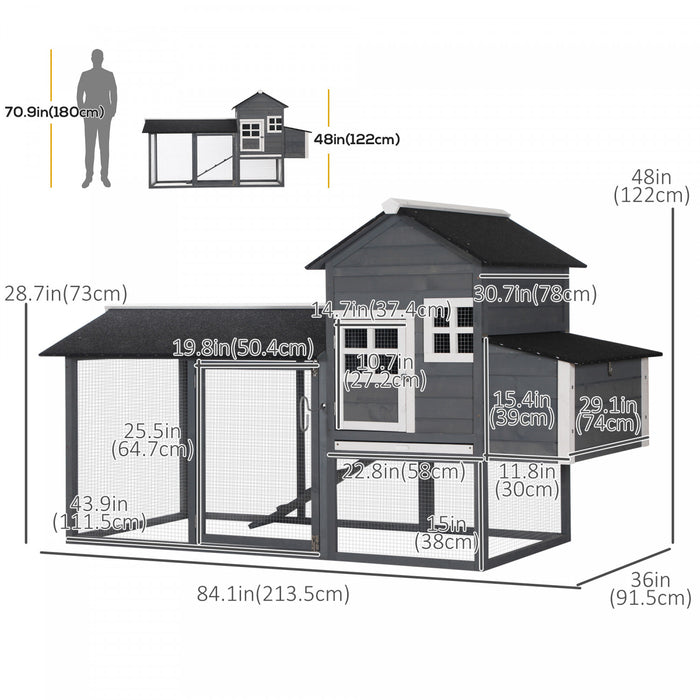 Pawhut 84\" Chicken Coop Wooden Hen House Rabbit Hutch Poultry Cage Pen Outdoor Backyard With Nesting Box And Run, Grey