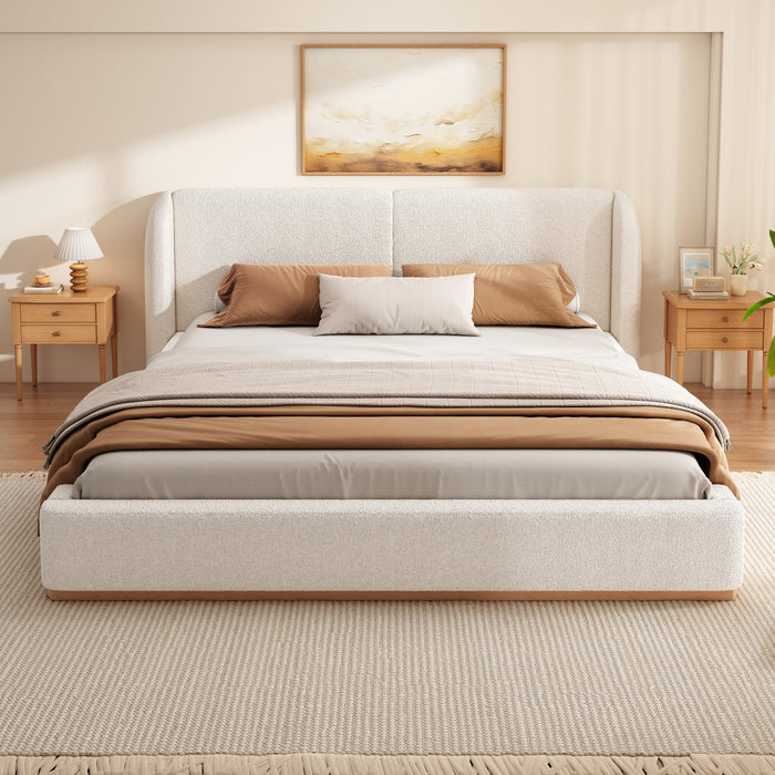 Lucas Low Profile Platform Bed Boucle Upholstered Wingback Headboard,King Size ,White King Bed