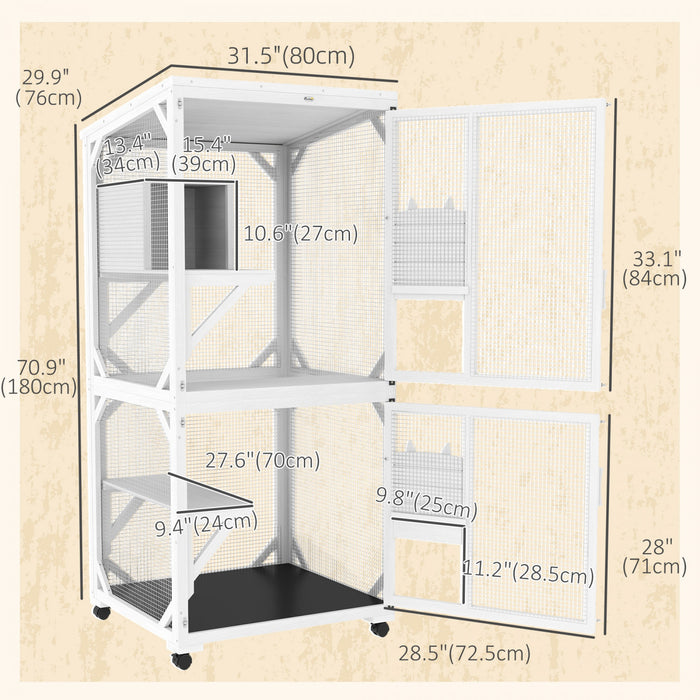 Pawhut 71\" H Large Catio Outdoor Cat Enclosure, Wooden Kitten House For Patio, Elevated Design With Wheels, Resting Box, Water-resistant, Multi Platforms, For 1-3 Cats, White
