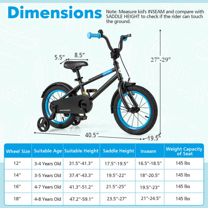 Costway 14\" Kids Bike With Adjustable Saddle Handlebar Removable Training Wheels Handbrake Black
