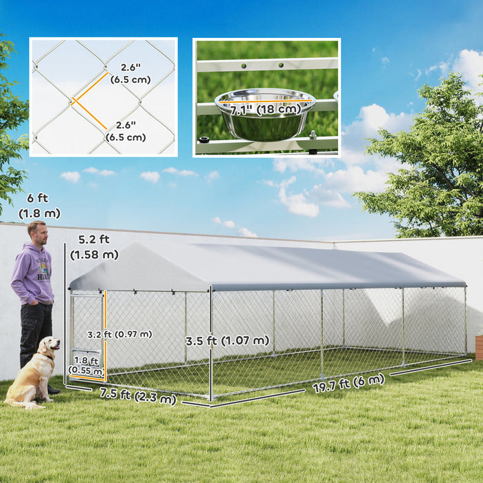 Pawhut Outdoor Dog Kennel With Roof, Heavy Duty Dog Run Outdoor Fence Cage With Adjustable & Rotating Bowls, Waterproof Uv-resistant Cover, Secure Lock, 19.7' X 7.5' X 5.2'