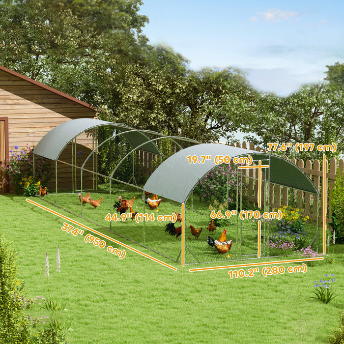 PawHut Chicken Run, Galvanized Large Metal Chicken Coop Cage, Walk-in Enclosure Poultry Hen Run House Playpen Rabbit Hutch with Dome Roof, Cover, 9.2' x 31.2' x 6.5', Silver