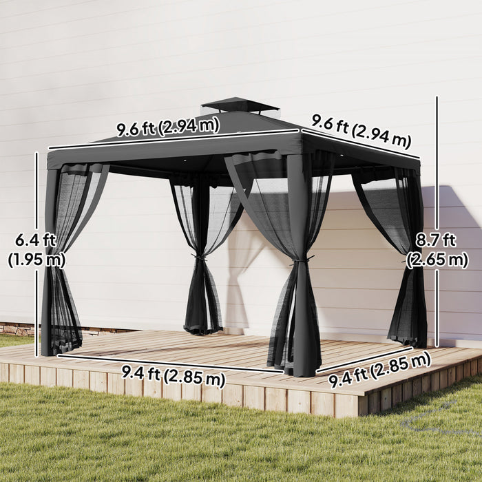 9.6'x9.6' Outdoor Patio Gazebo Pavilion Canopy Tent with Netting, Dark Grey
