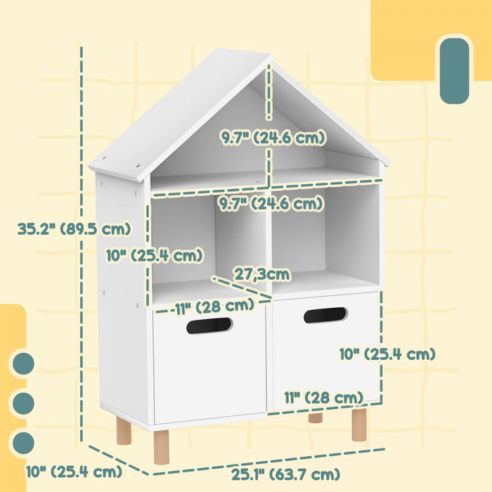 Qaba Kids Bookshelf, 3 Tier Bookshelf For Children With Two Drawers, Kids Bookcase Toy Storage Organizer For Bedroom, Kids Room, White