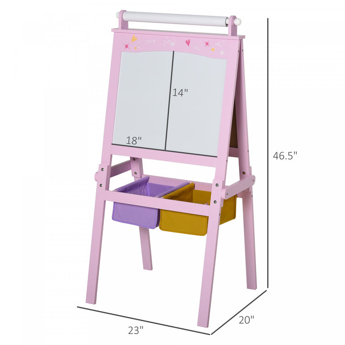 Qaba 3 In 1 Kids Wooden Art Easel With Paper Roll Double-sided Chalkboard & Whiteboard Gift For Toddler Girl Age 3 Years+ Pink