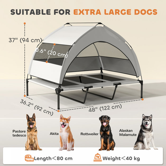 PawHut Elevated Dog Bed, Raised Outdoor Dog Cot with Removable Canopy, Breathable Mesh, Storage Bag, Portable Pet Cot for Indoor Outdoor Large Breeds, 48\" x 36\" x 37\", Light grey
