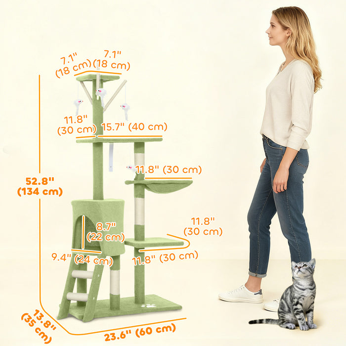 PawHut Cat Tree, 53\" Cat Tower for Indoor Kittens with Sisal Scratching Posts, Plush Perches, Condo, Hammock, Ladder, Dangling Toys, Multi-Level Kitty Activity Centre, Green