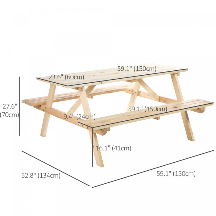 Outsunny Wood Picnic Table Set With Built-in Benches Umbrella Hole Natural