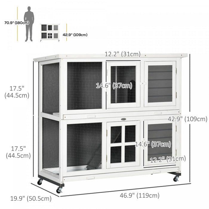 Pawhut Wooden Rabbit Hutch, 2 Tier Bunny Cage With Wheels, Waterproof Roof, Removable Tray, Guinea Pig Cage For Outdoor & Indoor, Dark Grey