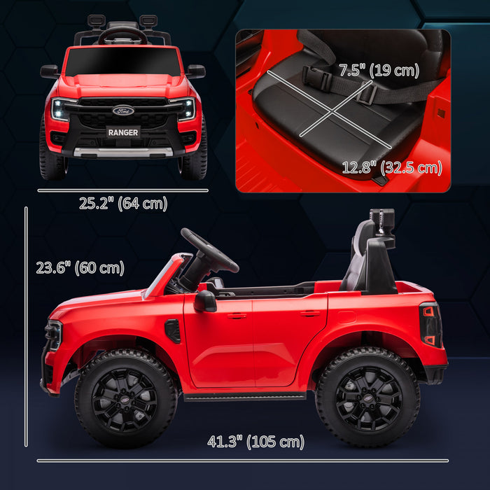 Qaba Ford Ranger Licensed 12v Powered Ride-On Car With Rear Storage, Battery Powered Kids Electric Car Truck With Remote Control, Spring Suspension, Headlights, Music Horn, Red
