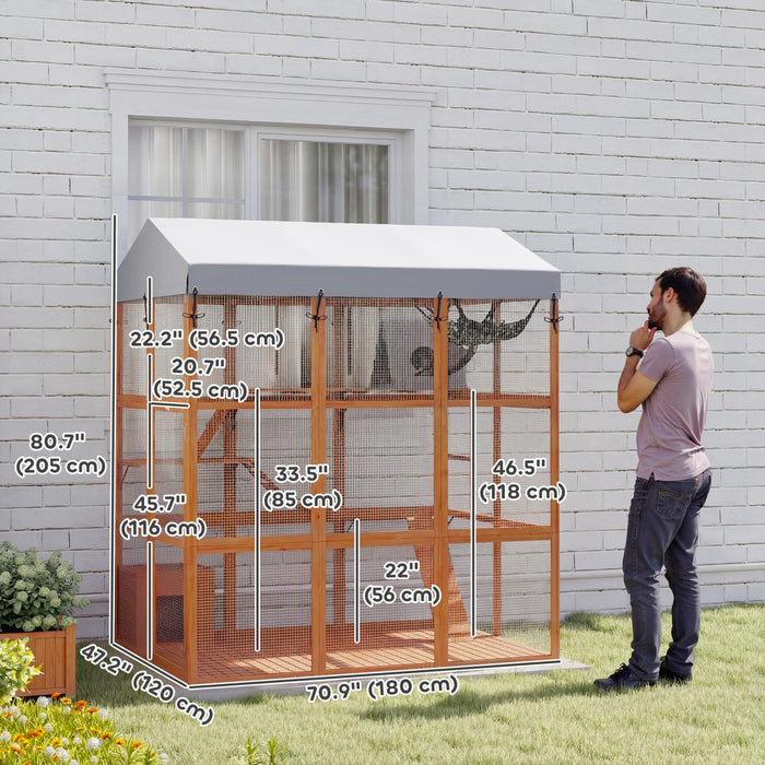 PawHut Large Cat House with Anti-Escape Floor, 81\" H Wooden Catio Outdoor Cat Enclosure with Waterproof Cover, Walk in Door, Condo, Hammock, Ramp, Bridge, for 2-4 Cats, Orange