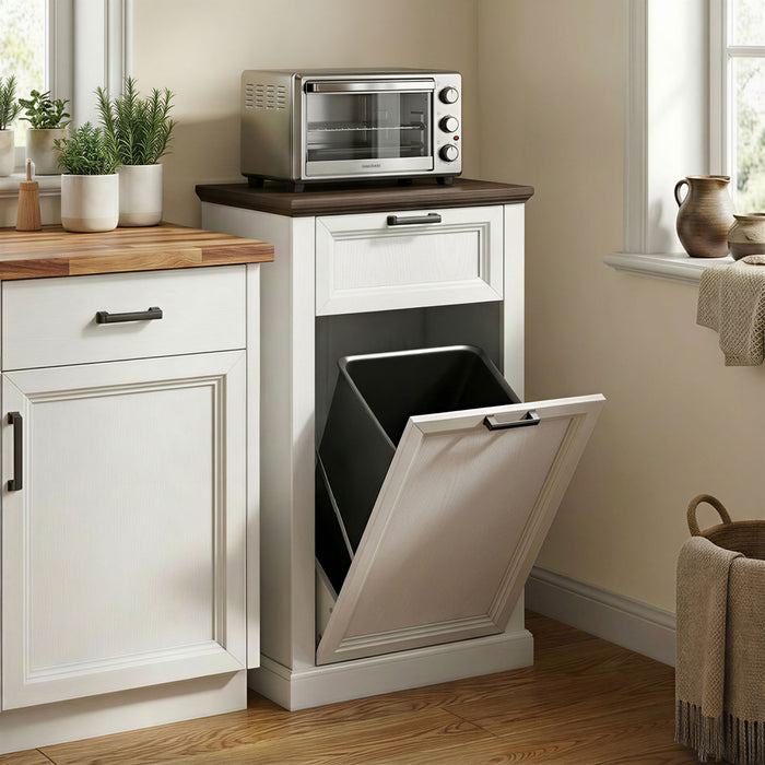 HOMCOM Tilt Out Trash Cabinet 10 Gal Trash Can Cabinet with Drawer White