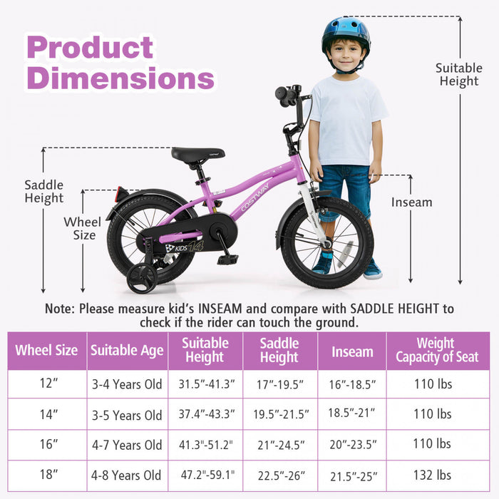 Costway 14\" Kids Bike For 3-5 Years Old Boys & Girls With Adjustable Seat Handbrake Reflectors Purple