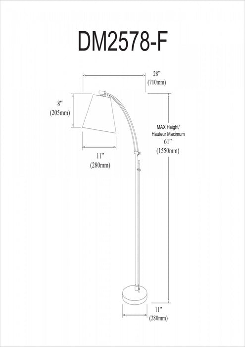 Dainolite Felix Adjustable Floor Lamp Satin Chrome White Empire Shade Rotary Dimmer Switch