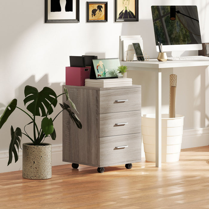Vinsetto 3 Drawer File Cabinet with Lock and Wheels, Grey Wood Grain